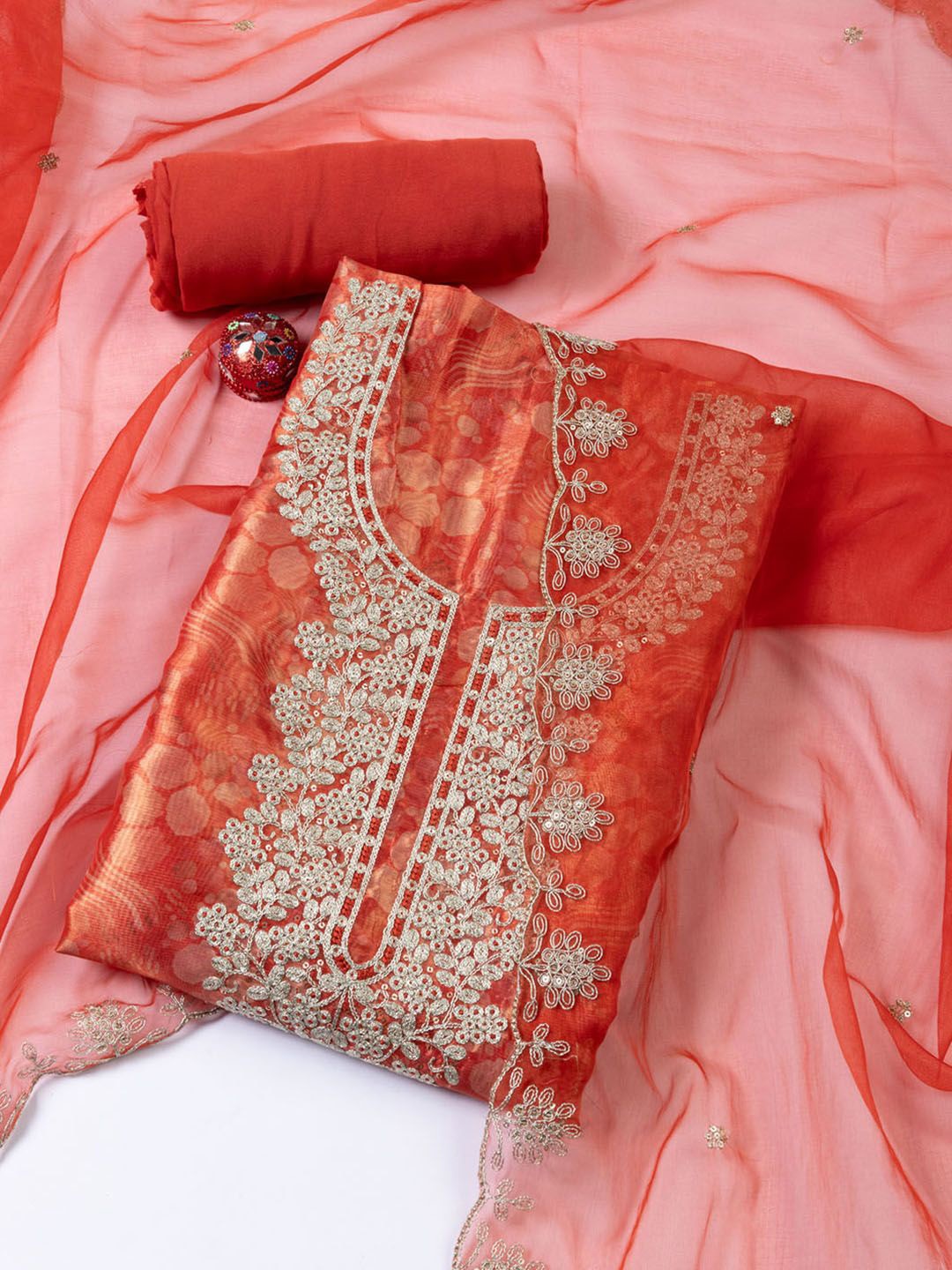 

Meena Bazaar Embroidered Unstitched Dress Material, Rust