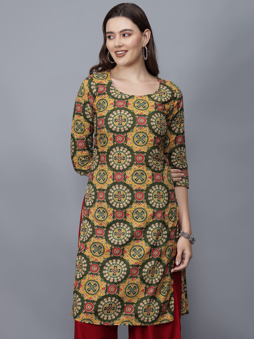 

ETRAANA Printed Pure Cotton Round Neck Kurta, Mustard
