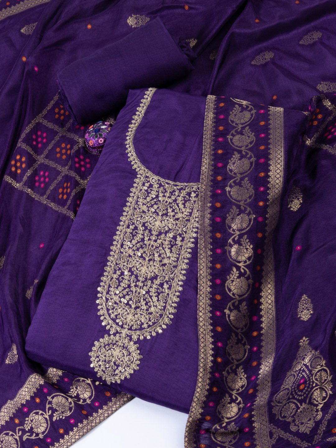 

Meena Bazaar Embroidered Art Silk Unstitched Dress Material, Purple