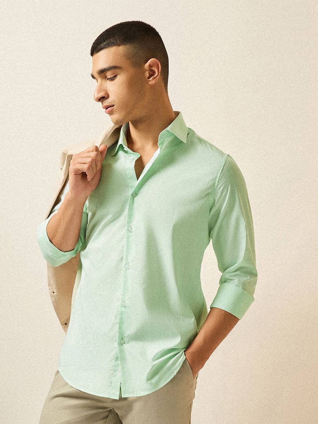 

THE BEAR HOUSE Men Tailored Fit Opaque Striped Formal Shirt, Green