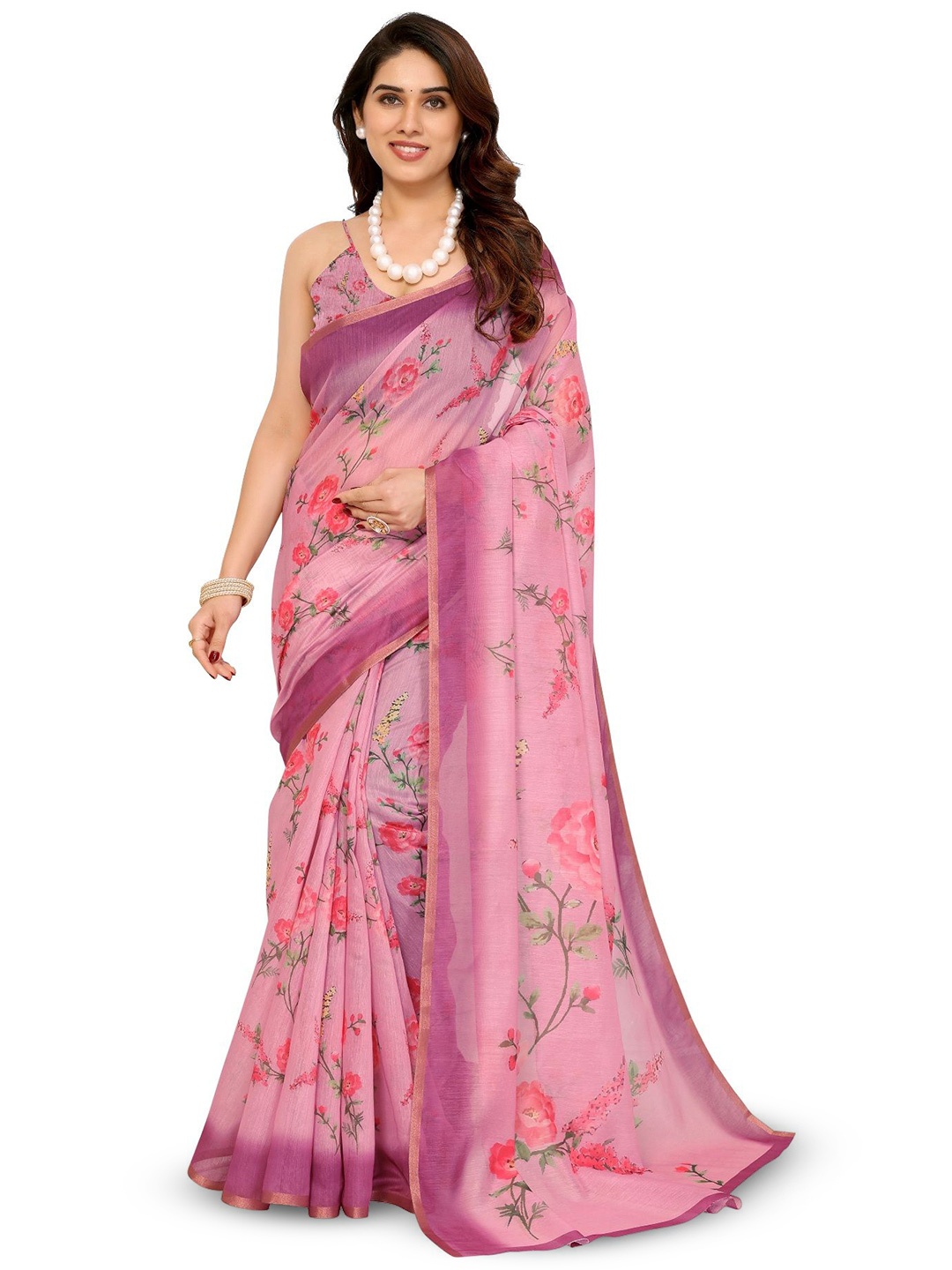 

Moda Rapido Floral Zari Saree, Pink