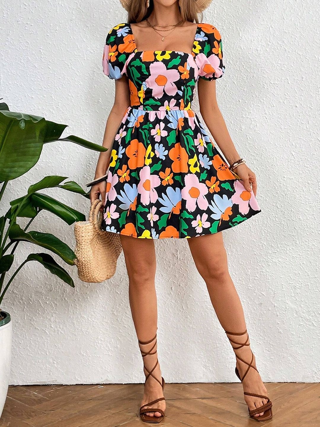 

JC Mode Floral Print Fit & Flare Dress, Black