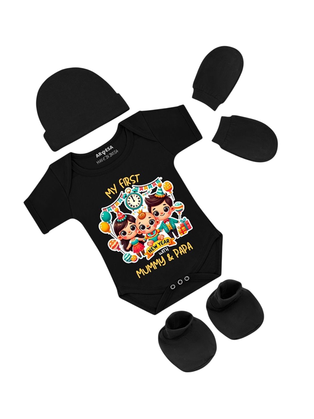 

Arvesa Infants My First New Year Printed Bodysuit with Cap Booties Mitten, Black
