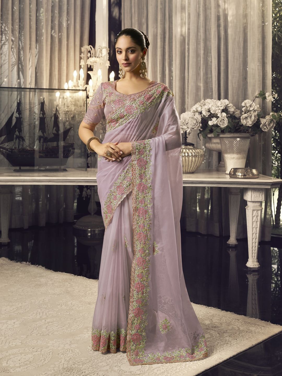 

Suha Floral Organza Saree, Purple