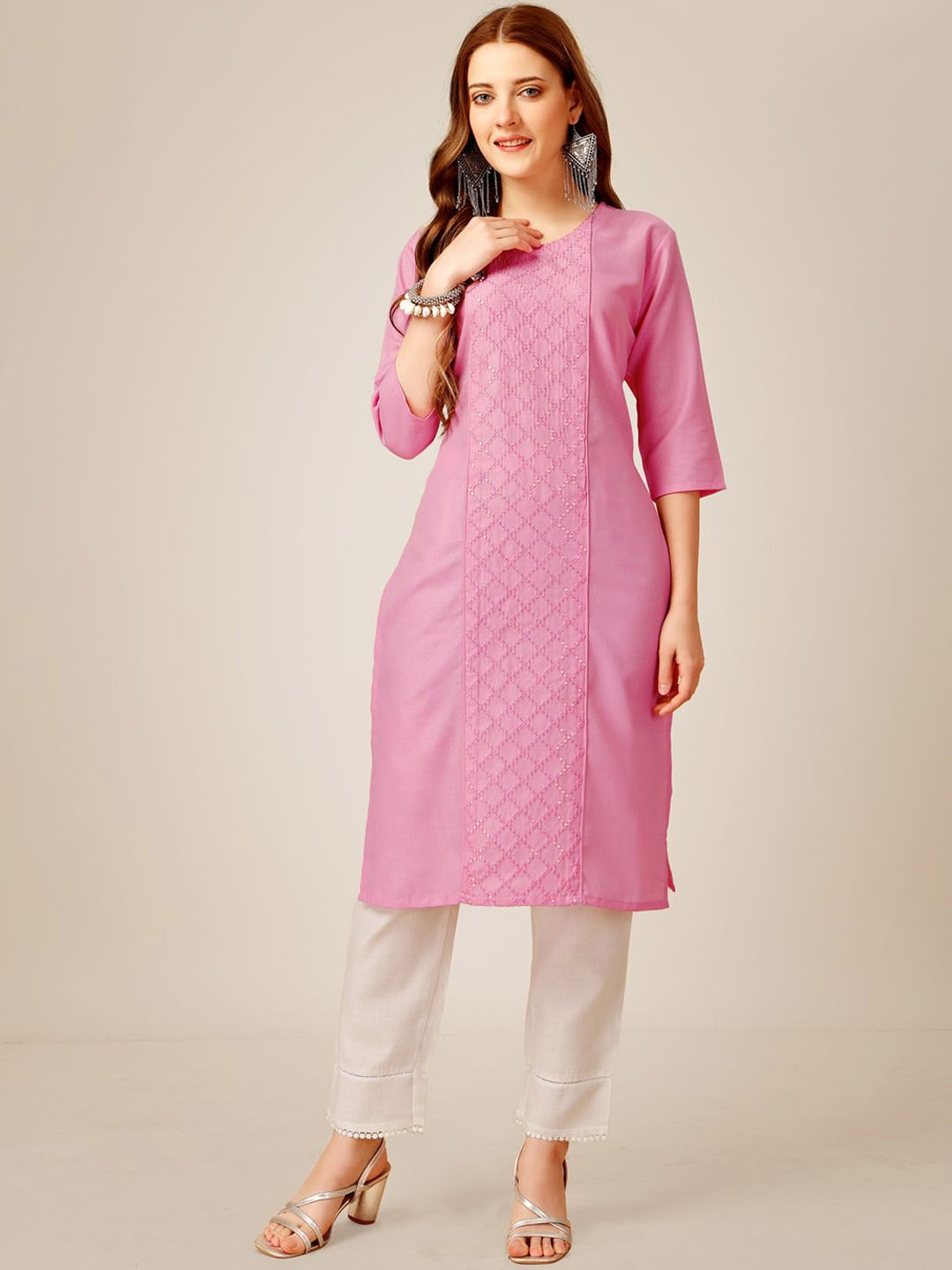 

HERE&NOW Women Embroidered Panelled Kurta with Churidar, Pink