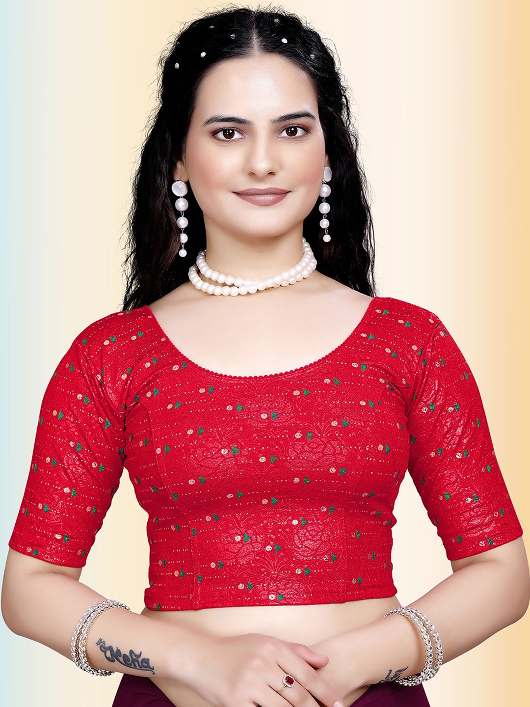 

TANISHM FEB TEX Printed Round Neck Saree Blouse, Red