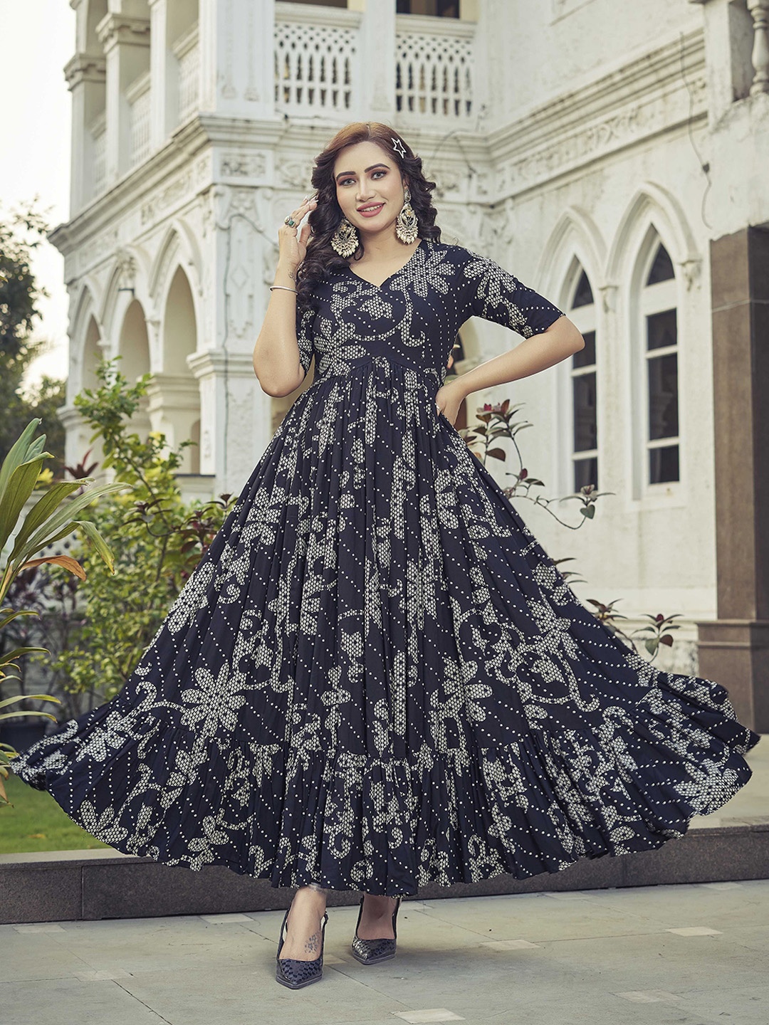 

Chandbaali Printed V-Neck Fit & Flared Ethnic Dress, Black