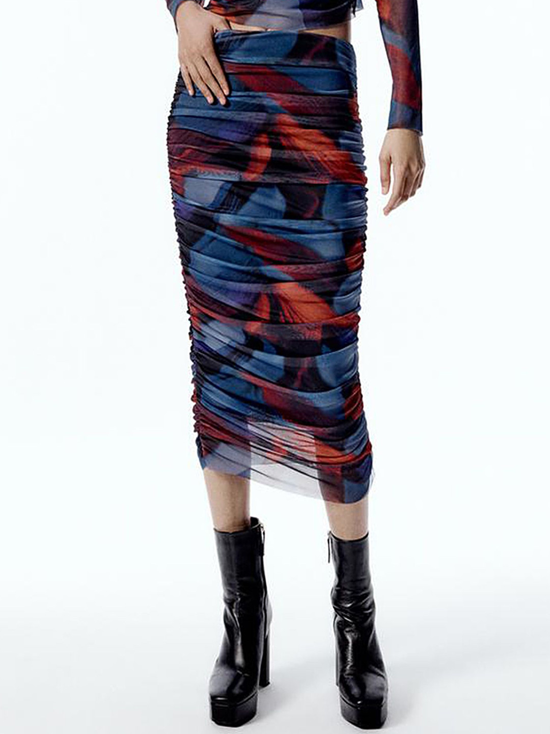 

LULU & SKY Printed Gathered Pencil Midi Skirt, Blue