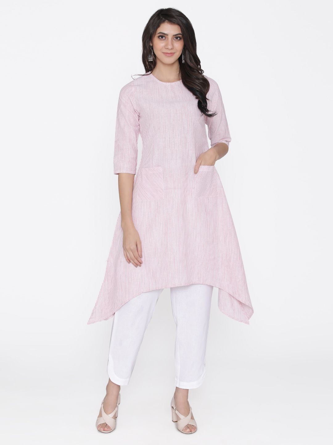 

VEGAL Striped Printed A-Line Kurtas, Pink