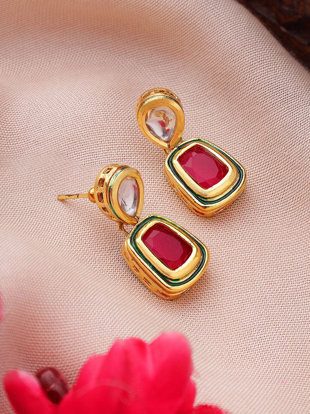 

AARSEE OFFICIAL Anti-Tarnish 22KT Gold Plated Magenta Earrings Mini