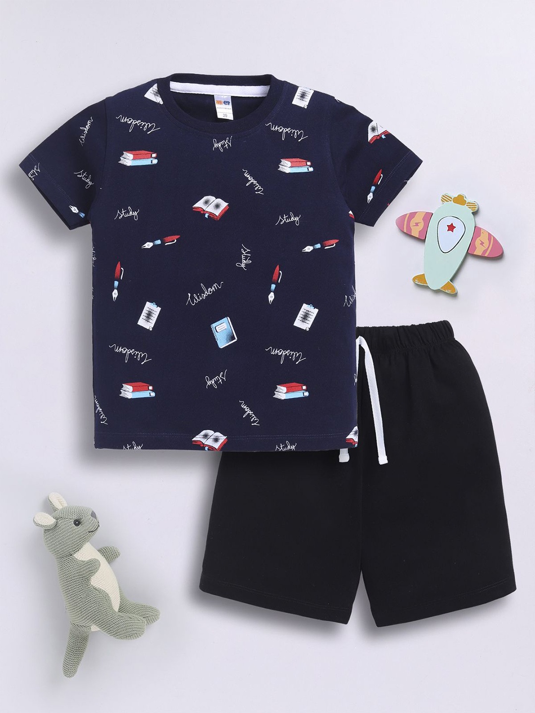 

LITTLE NINJA Boys Printed Round Neck T-shirt With Shorts, Navy blue