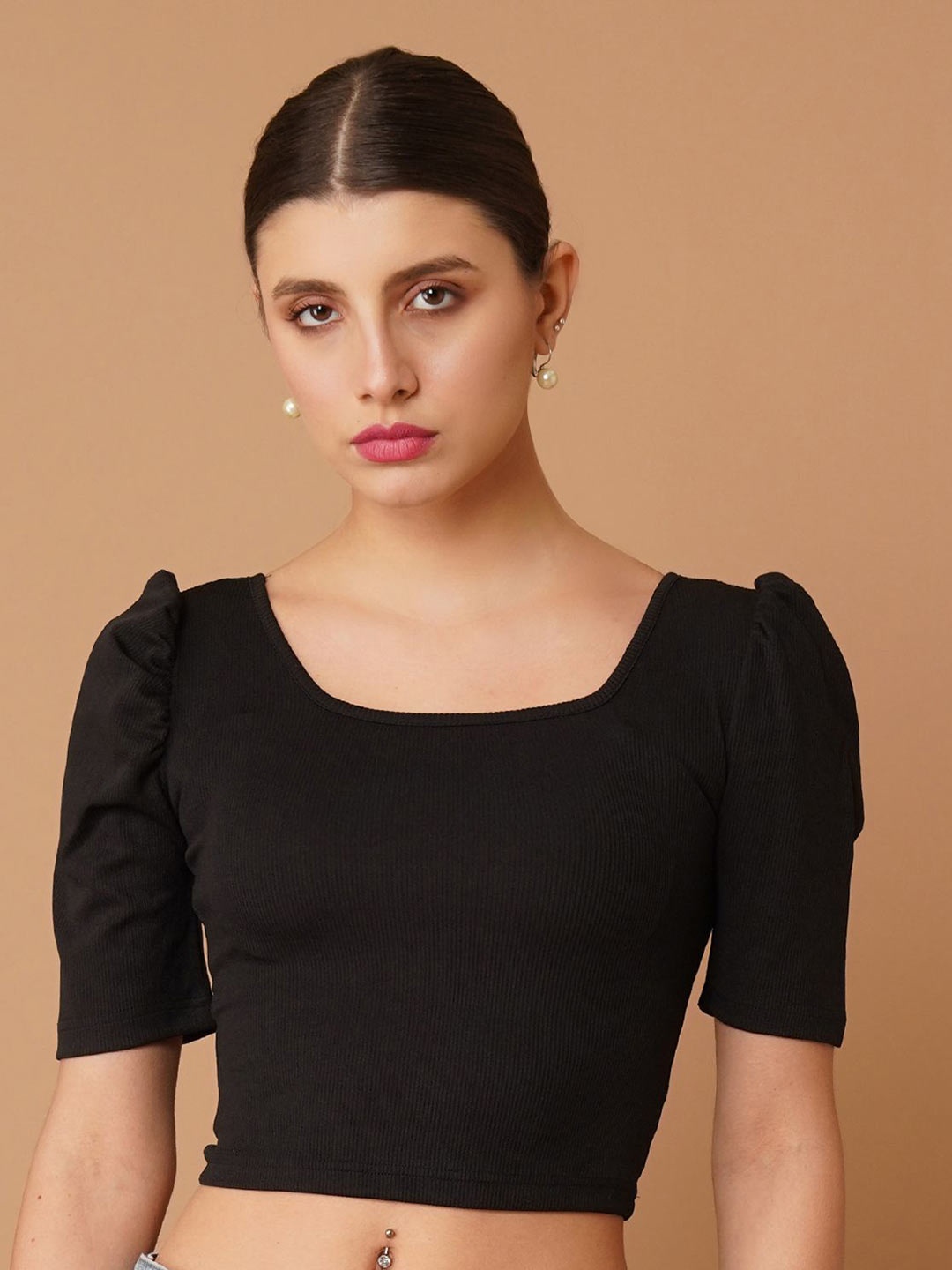 

Chemistry Puff Sleeve Crepe Crop Top, Black