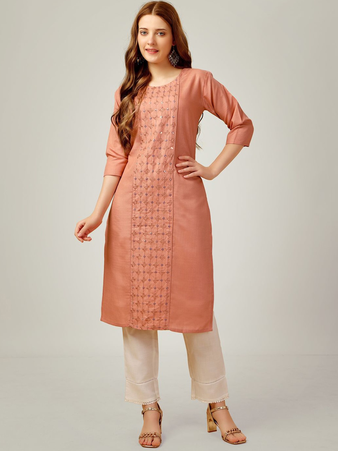 

HERE&NOW Women Embroidered Regular Sequinned Kurta with Trousers, Coral