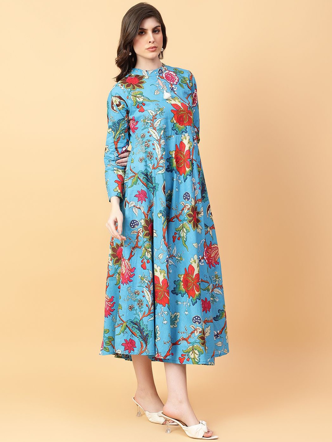 

Jaipur Kurti Floral Printed Pure Cotton A-Line Ethnic Dress, Turquoise blue