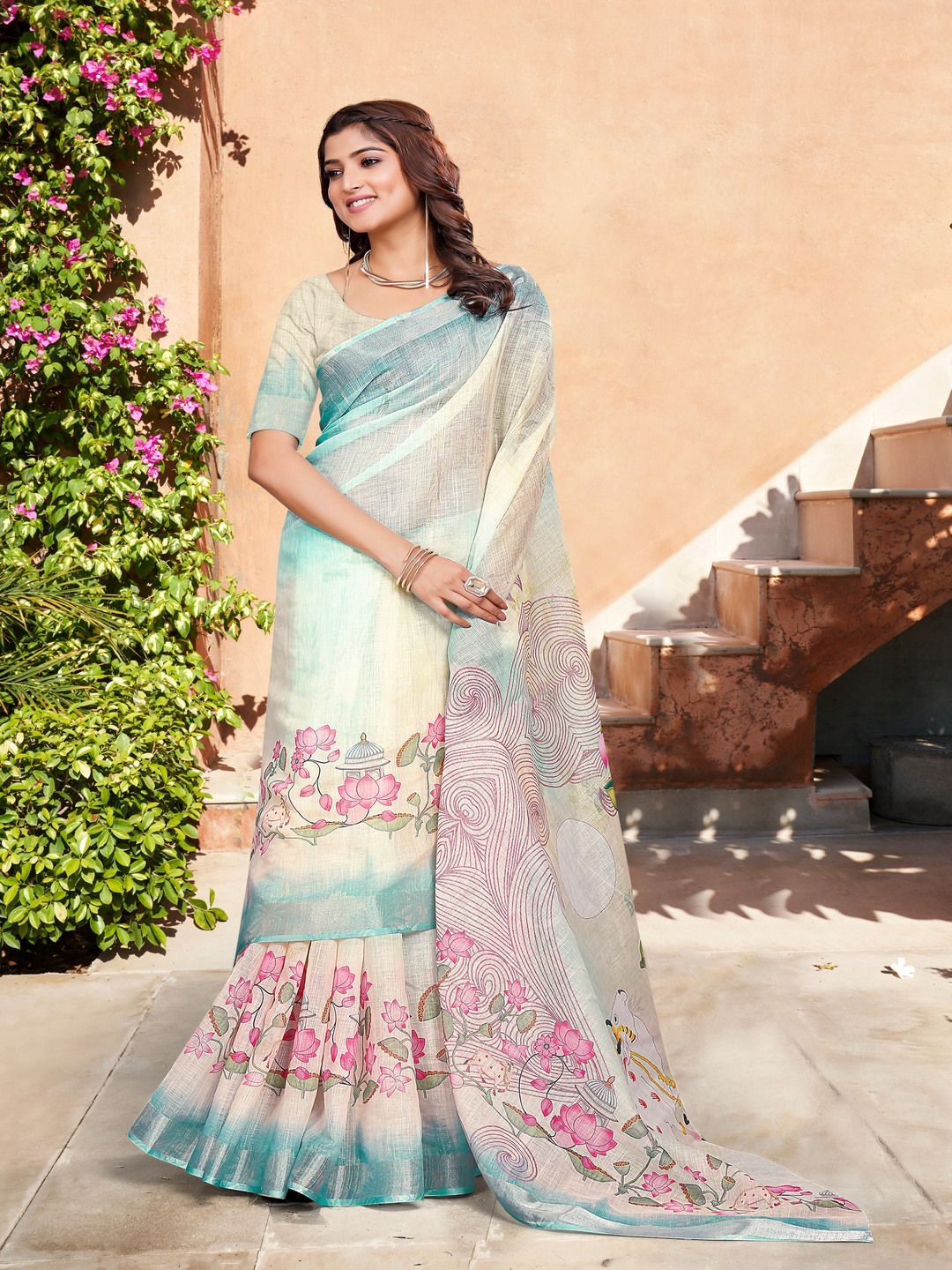 

TRENDING KART Floral Printed Zari Chanderi Saree, White