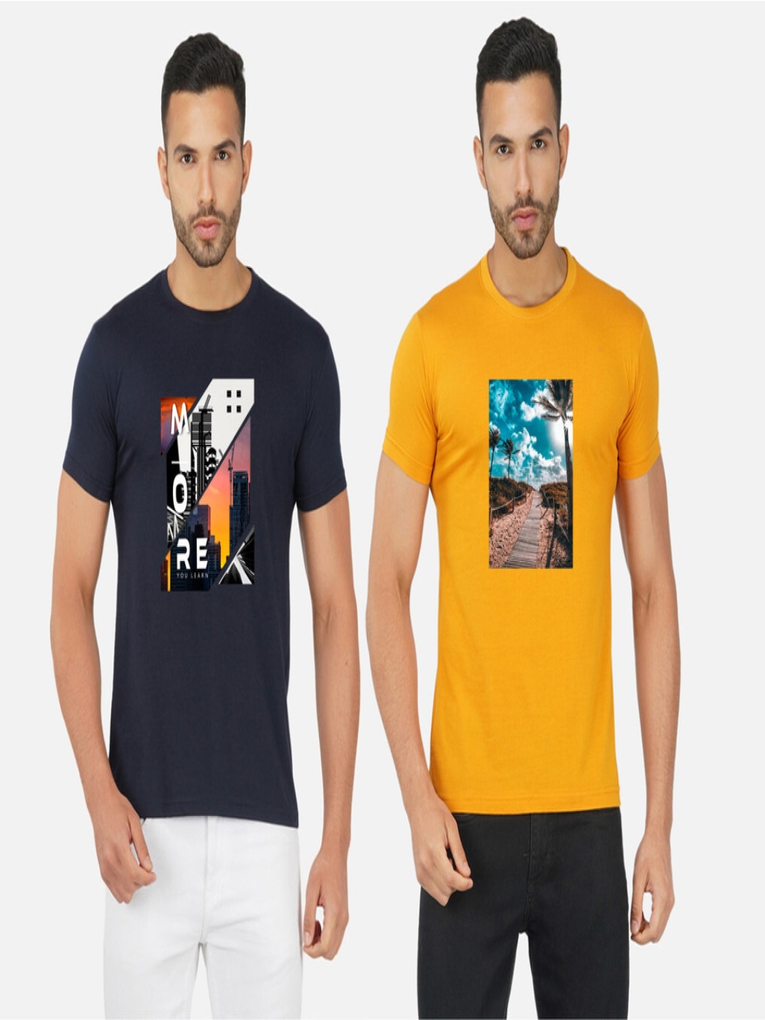 

GLOBAL NOMAD Men 2 Printed Bio Finish Applique T-shirt, Navy blue