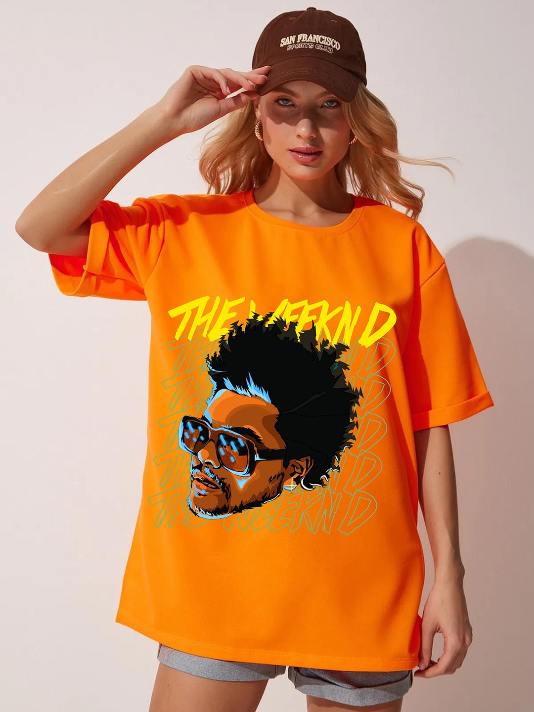 

RAYACLOSET Women Printed Extended Sleeves Tropical Raw Edge T-shirt, Orange