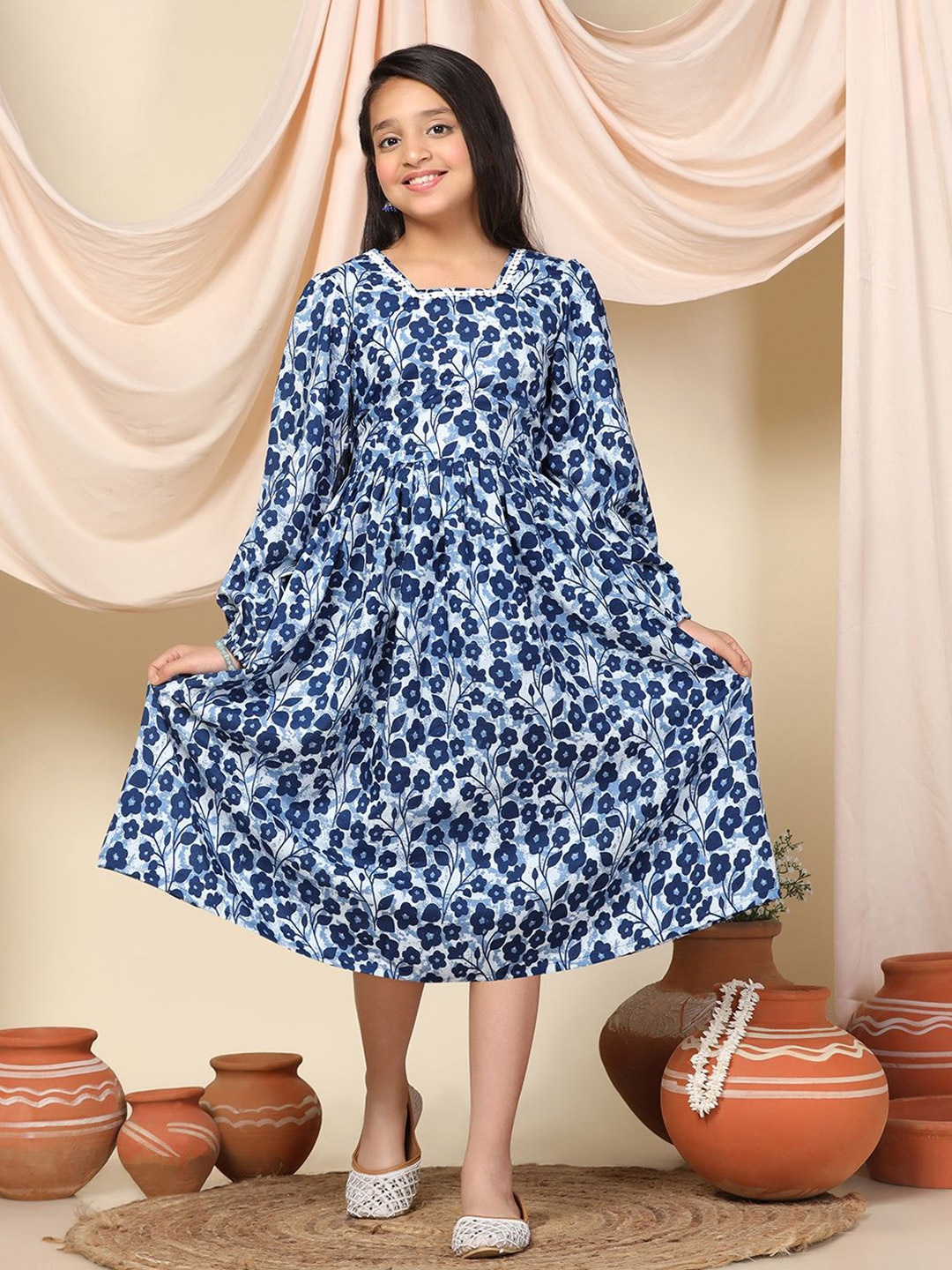 

YK Floral Print Puff Sleeve Crepe Fit & Flare Midi Dress, Blue