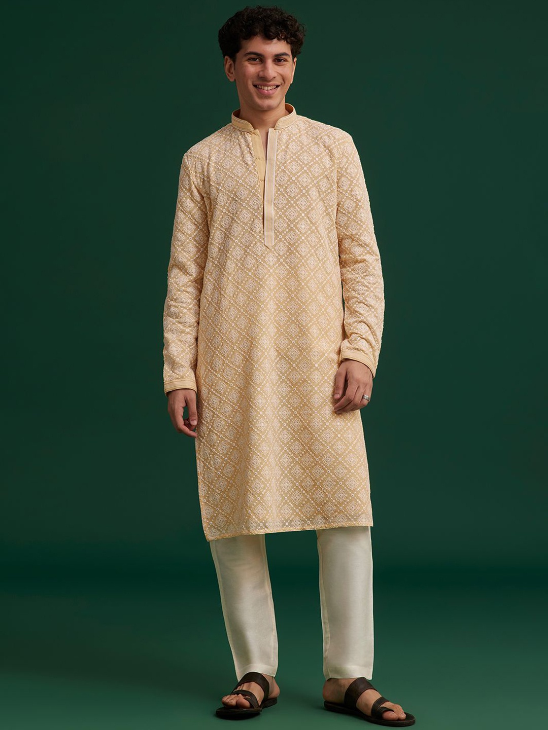 

KALKI Fashion Men Embroidered Regular Kurta with Trousers, Yellow