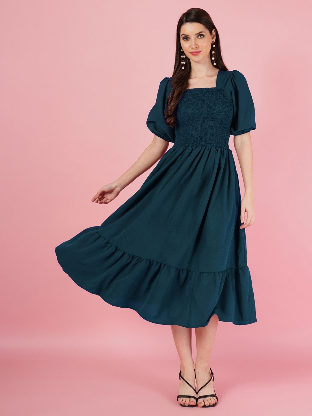 

Jash Creation Puff Sleeve Fit & Flare Dress, Blue