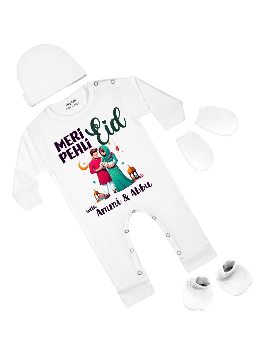 

Arvesa Infants Meri Pehli Eid With Ammi & Abbu Printed Bodysuit with Cap Booties Mitten, White