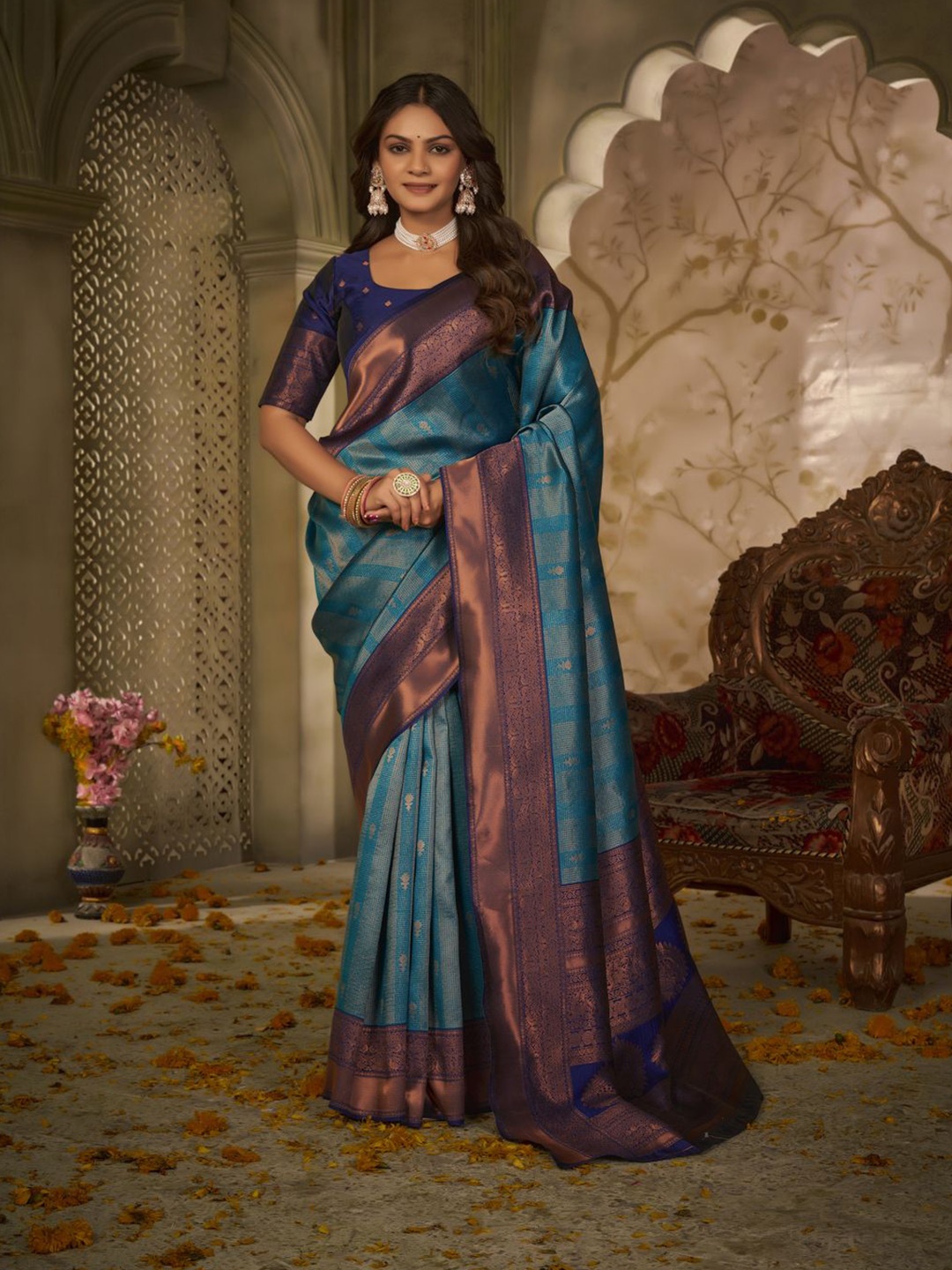 

KALINI Woven Design Zari Saree With Blouse Piece, Blue