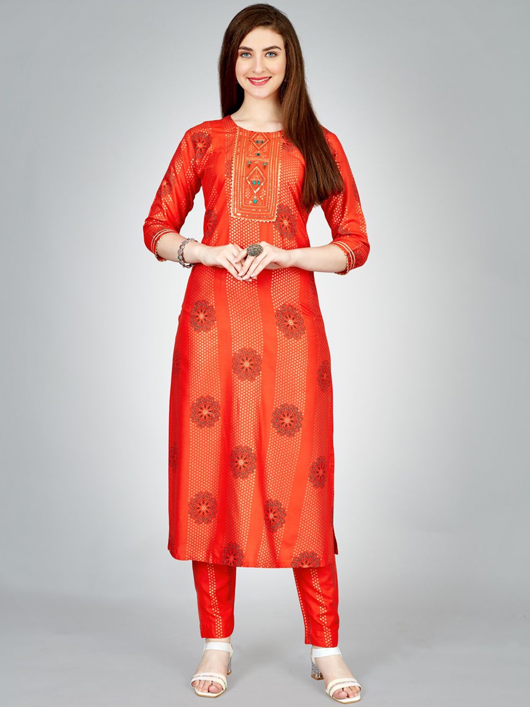 

HERE&NOW Women Paisley Embroidered Regular Kurta with Churidar, Orange