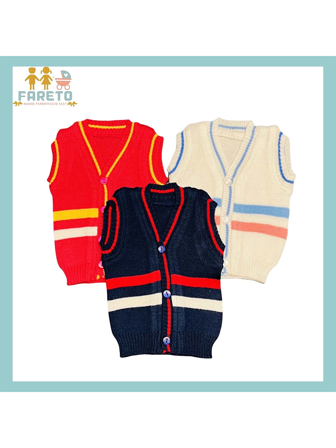 

Fareto Kids Unisex Pack Of 3 Striped V-Neck Cotton Cardigan, Red