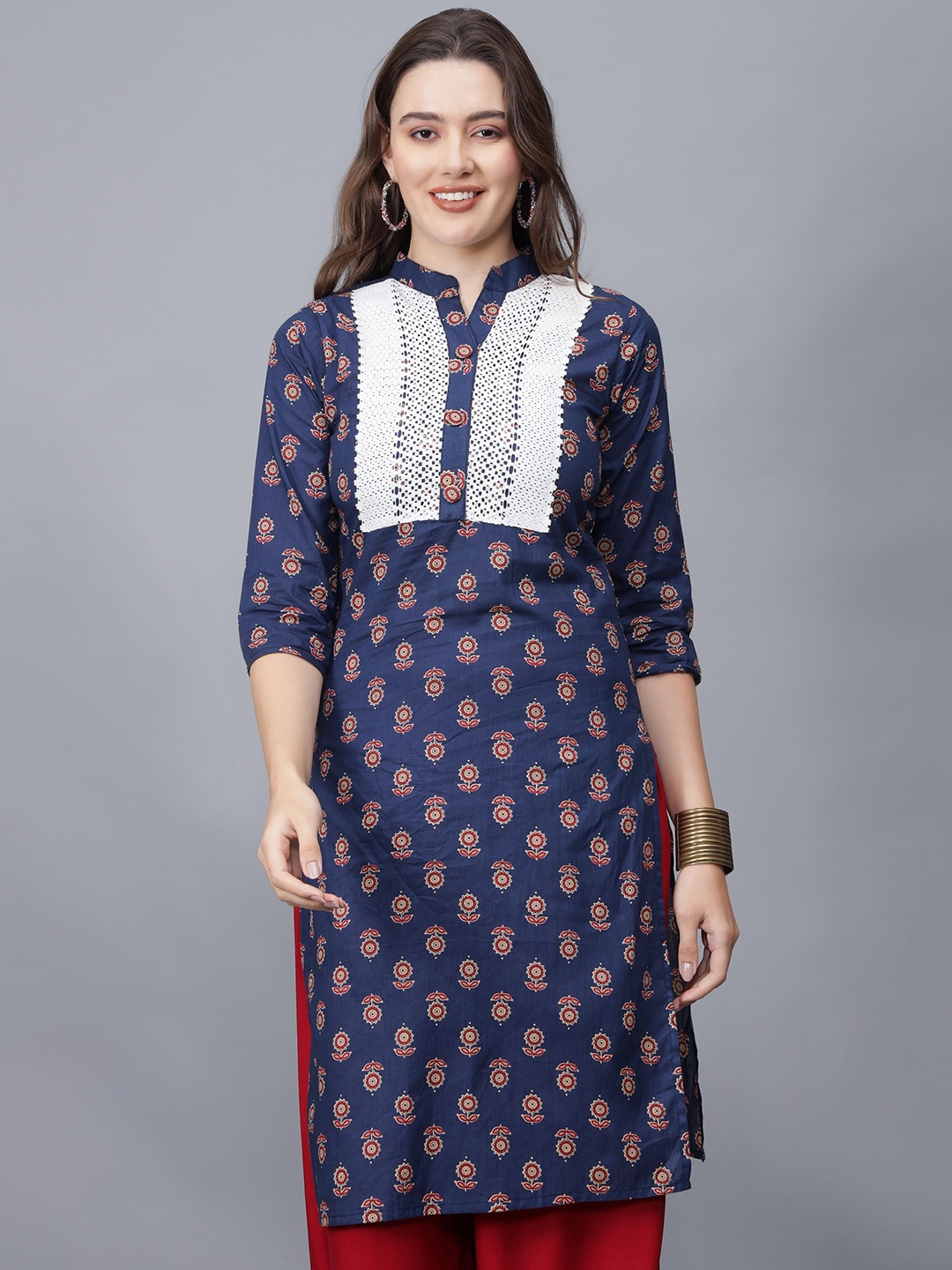 

ETRAANA Printed Pure Cotton Mandarin Collar Kurta, Blue