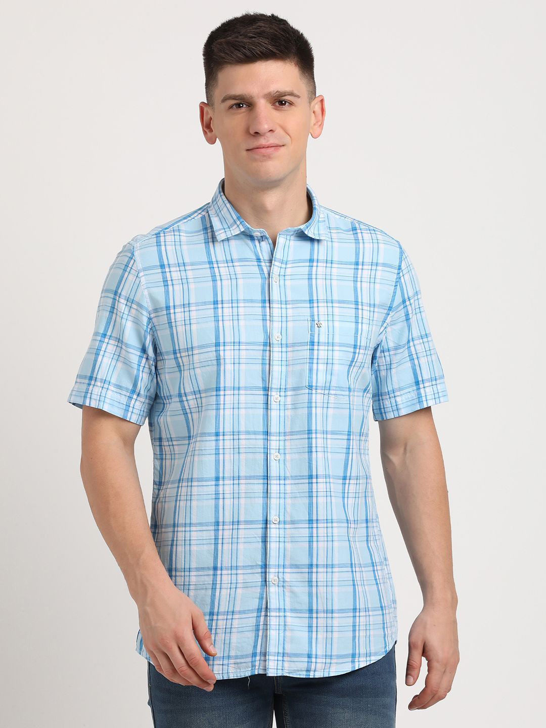 

Turtle Men Relaxed Slim Fit Cutaway Collar Tartan Checked Cotton Casual Shirt, Blue