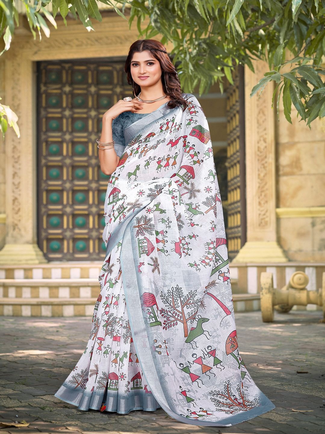 

TRENDING KART Warli Printed Zari Chanderi Saree, White
