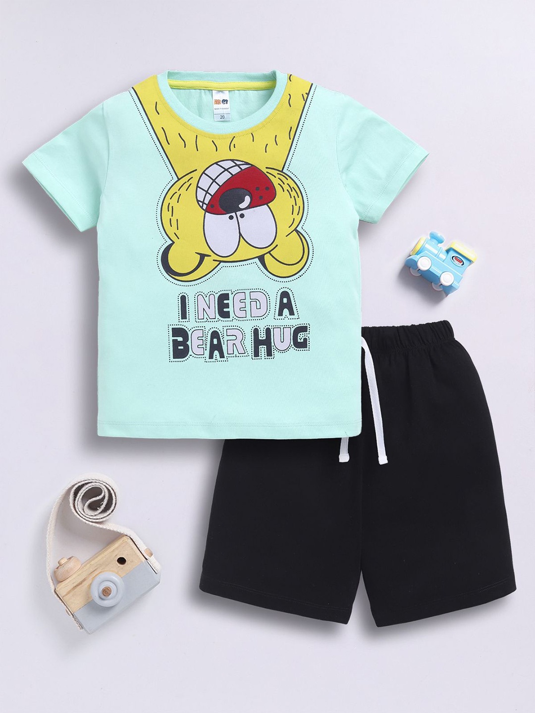 

LITTLE NINJA Boys Printed Pure Cotton T-shirt With Shorts, Green