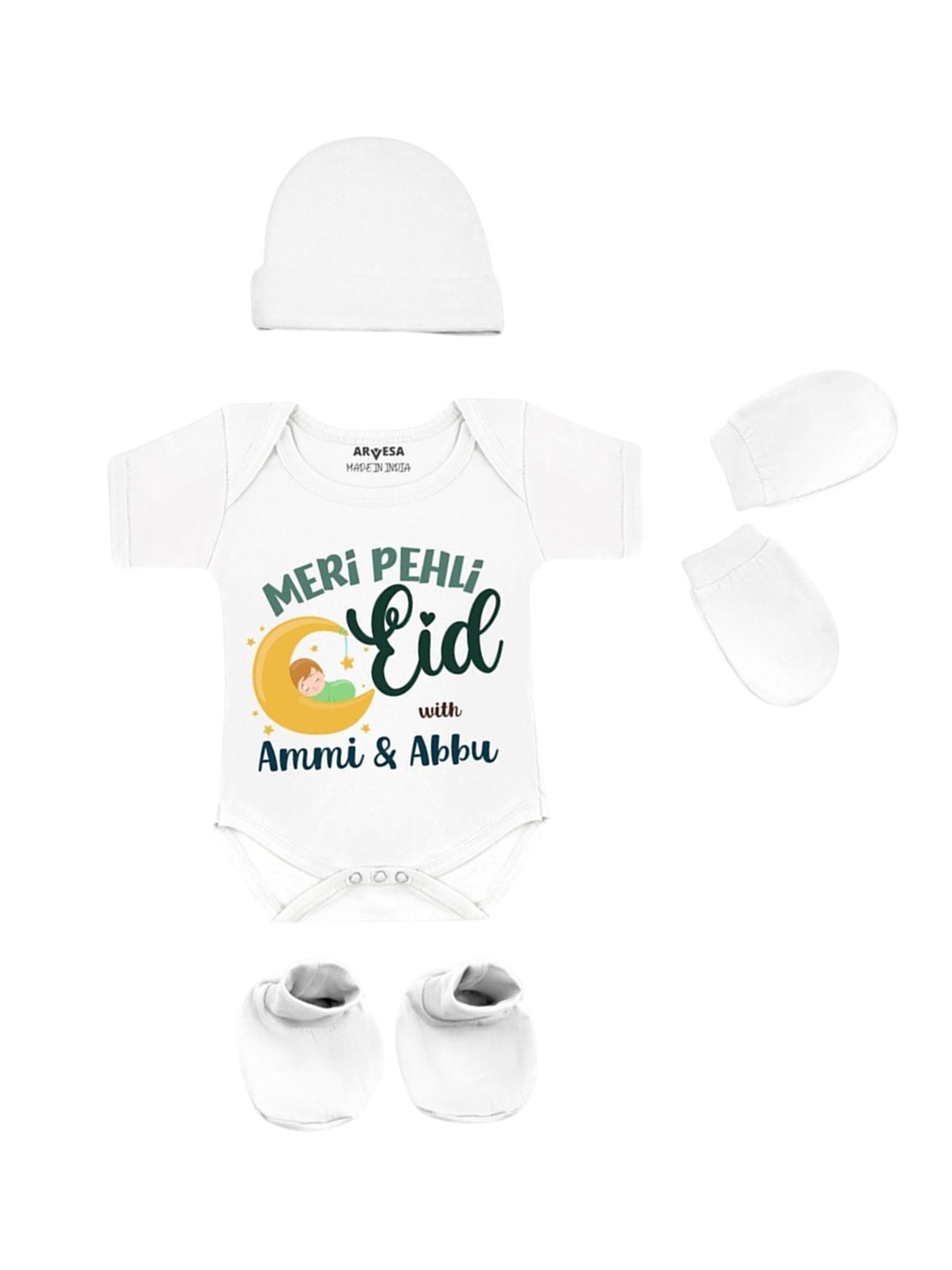 

Arvesa Infants Meri Pehli Eid With Ammi & Abbu Printed Bodysuit with Cap Booties Mitten, White