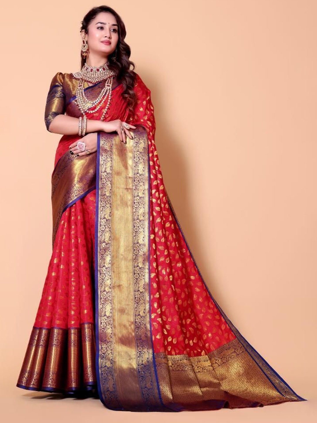 

jayant creation Woven Design Zari Silk Blend Banarasi Saree, Red
