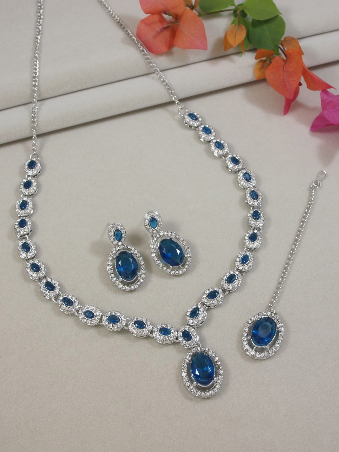 

I Jewels Silver-Plated Stone Studded Jewellery Set