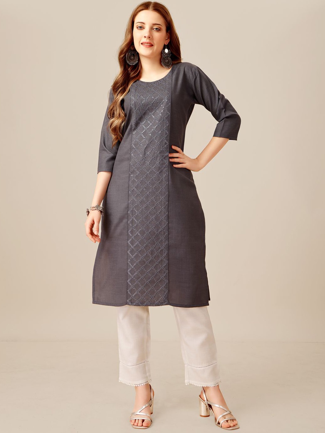 

HERE&NOW Women Embroidered Panelled Kurta with Churidar, Grey