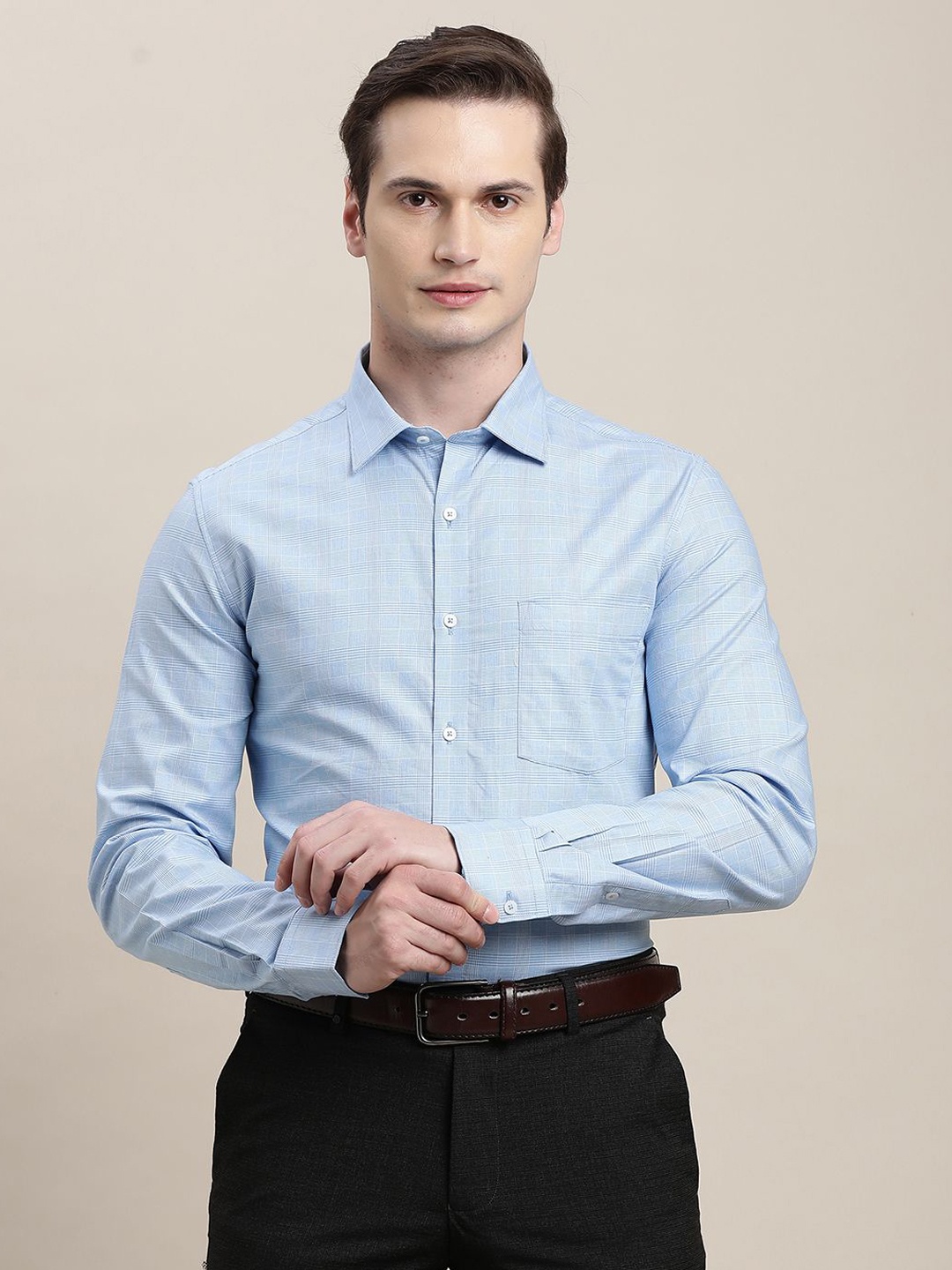 

Turtle Men Standard Slim Fit Spread Collar Checked Cotton Formal Shirt, Blue