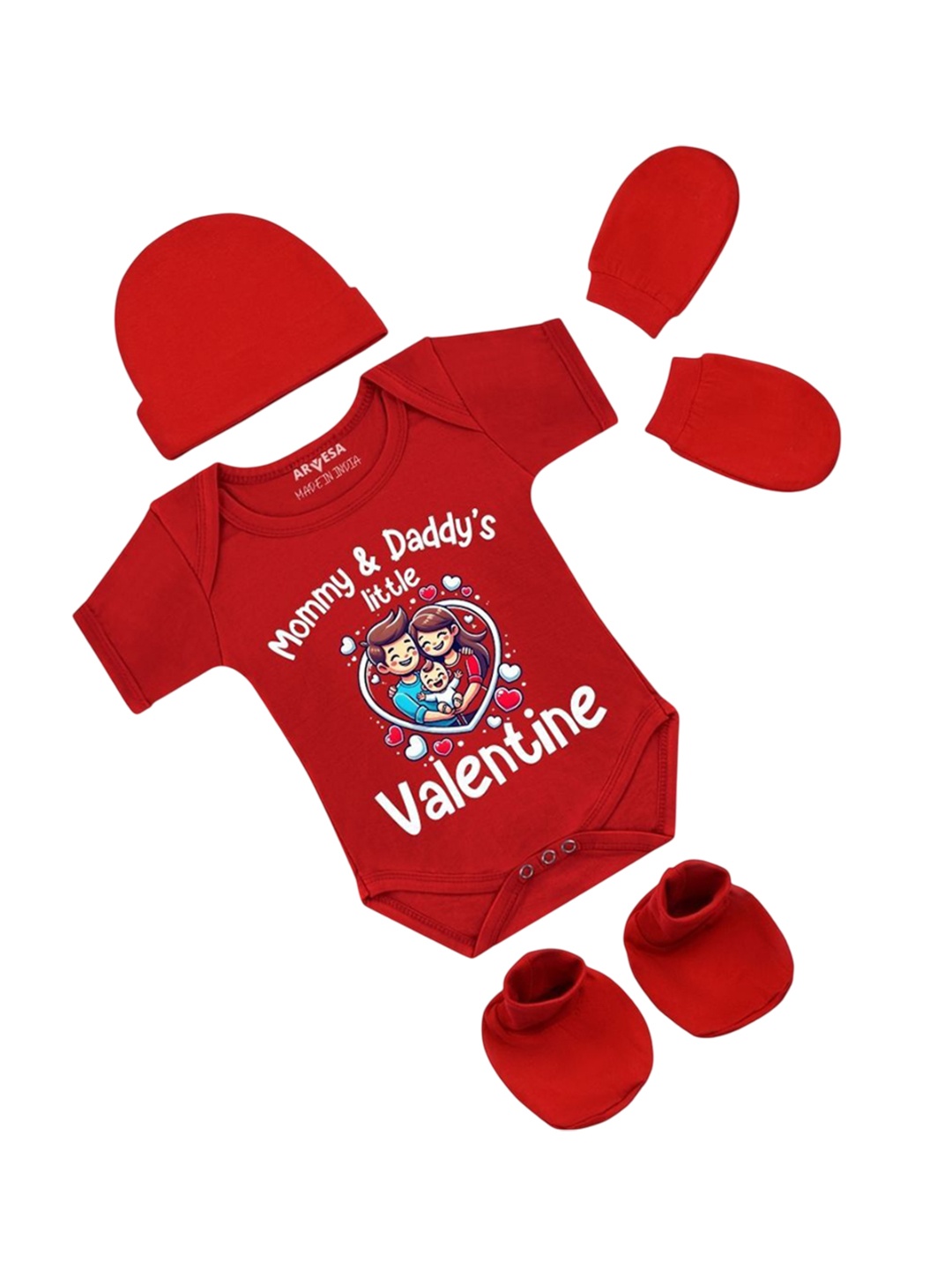 

Arvesa Infants Little Valentine Printed Bodysuit with Cap Booties Mitten, Red