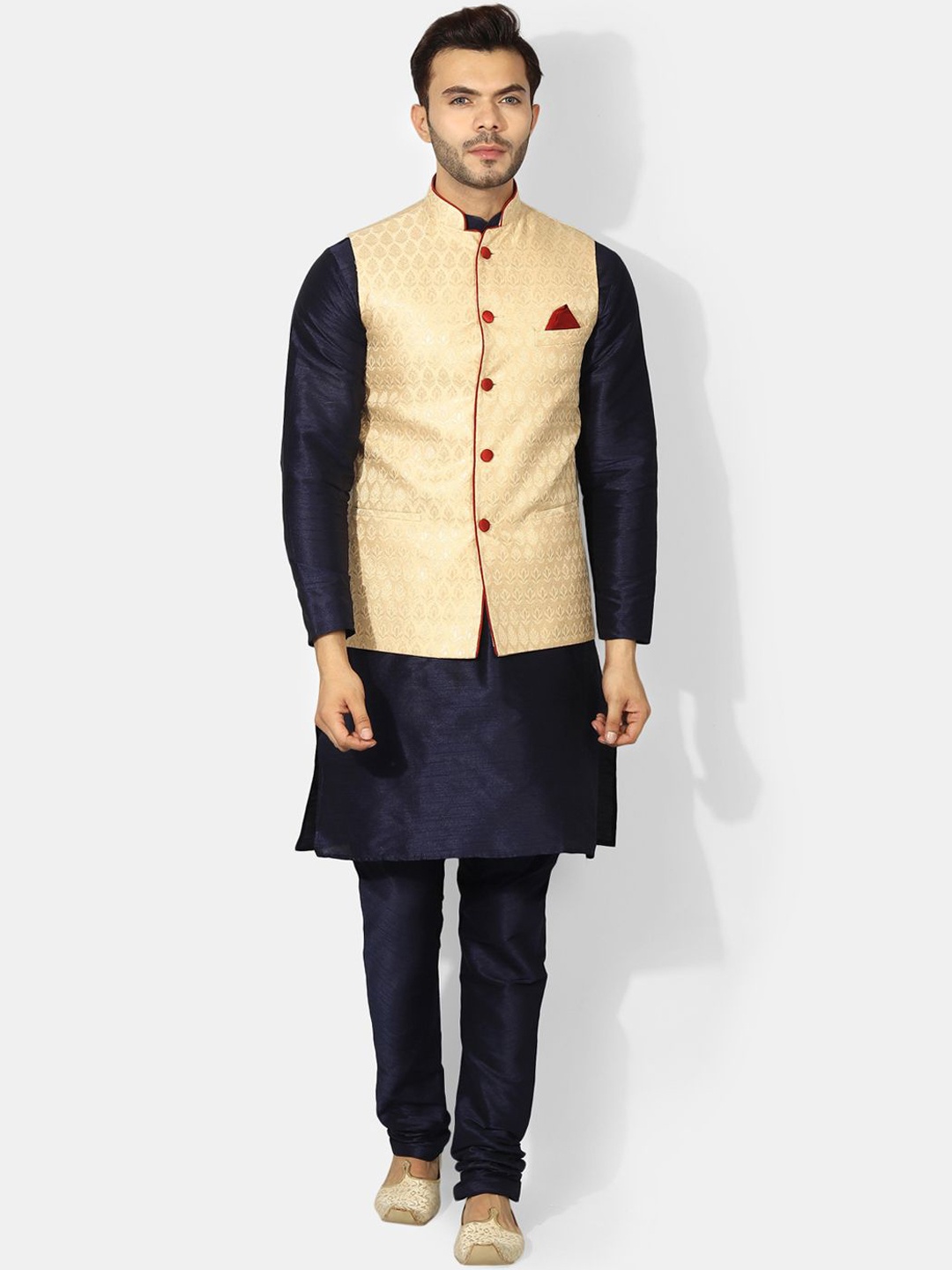 

Ethluxis Men Regular Dupion Silk Kurta with Churidar, Navy blue