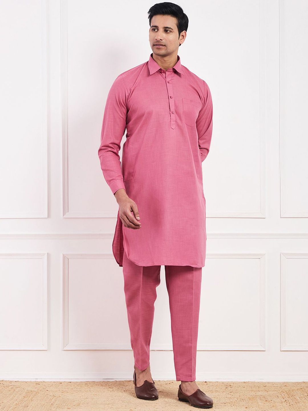 

Satwaa Shirt Collar Single Pocket Pathani Kurta with Trousers, Pink