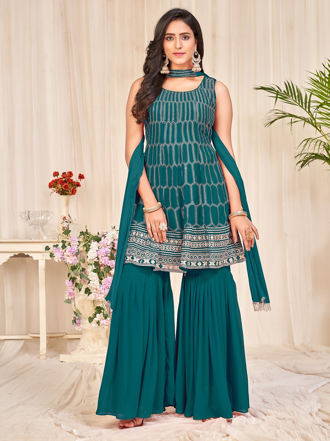 

KALINI Embroidered Semi-Stitched Dress Material, Turquoise blue