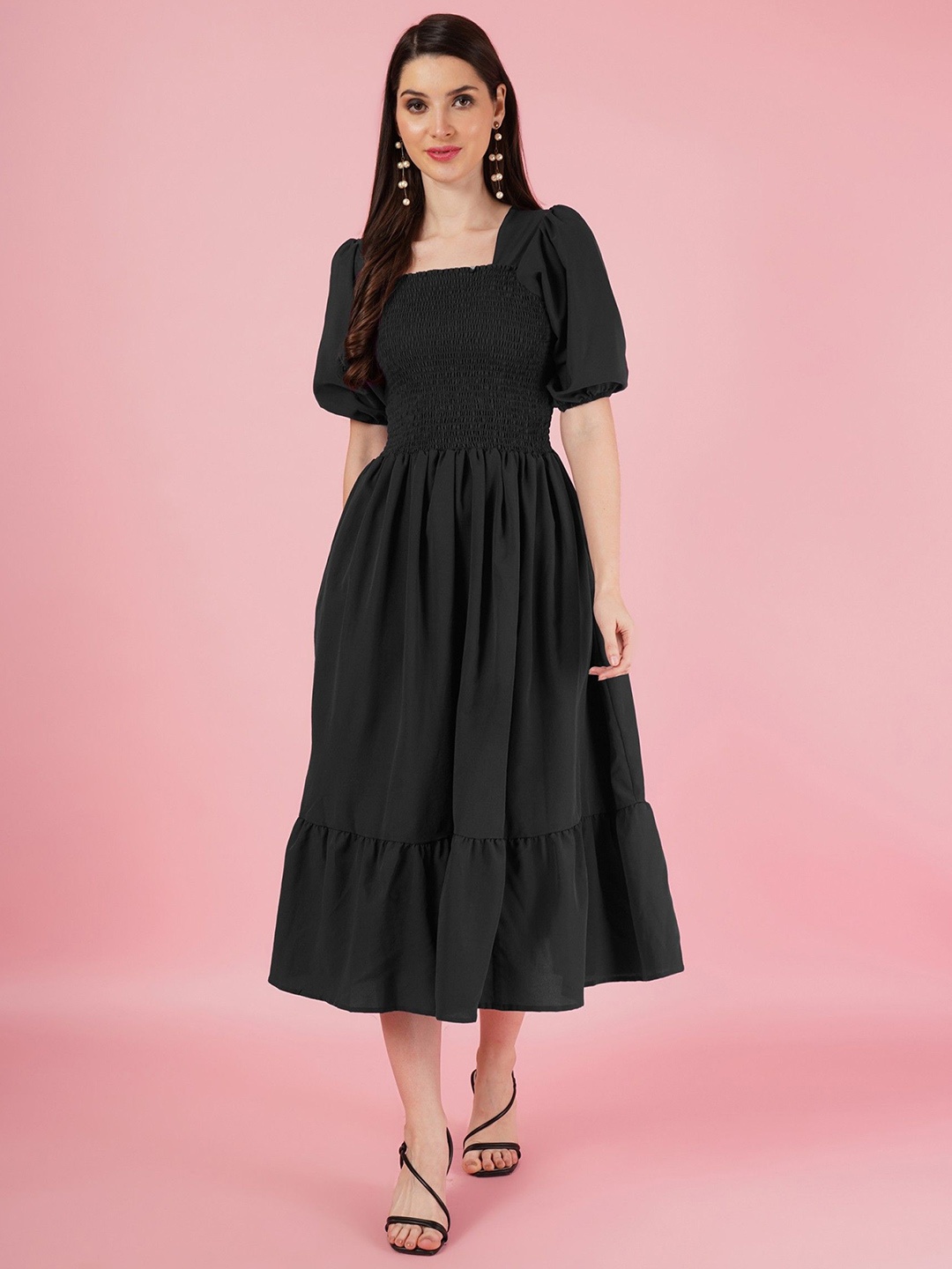 

Jash Creation Puff Sleeve Fit & Flare Dress, Black