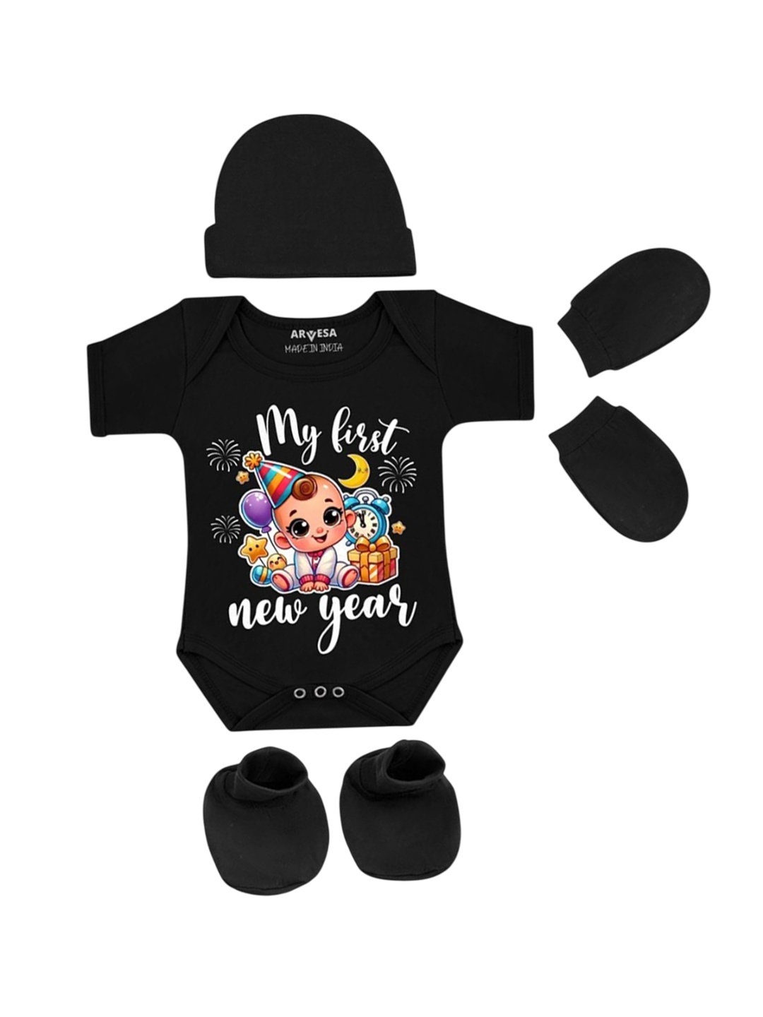 

Arvesa Infants My First New Year Printed Bodysuit with Cap Booties Mitten, Black