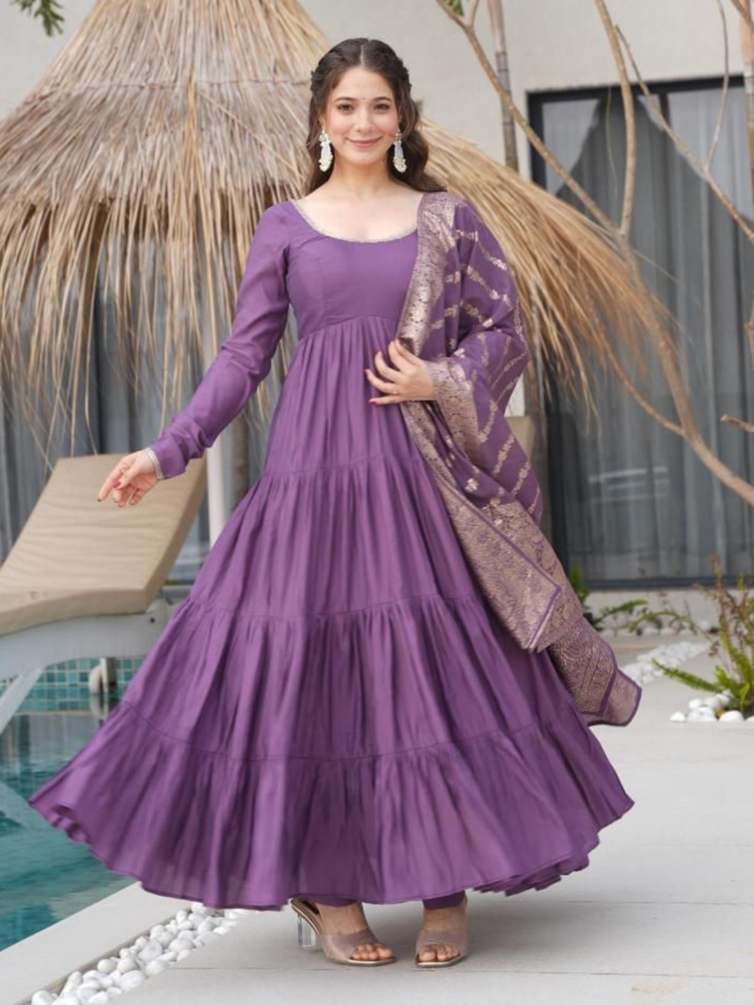 

Tilton Chanderi Silk Ruffle Flared Gown With Trouser and Heavy Banarasi Dupatta, Purple