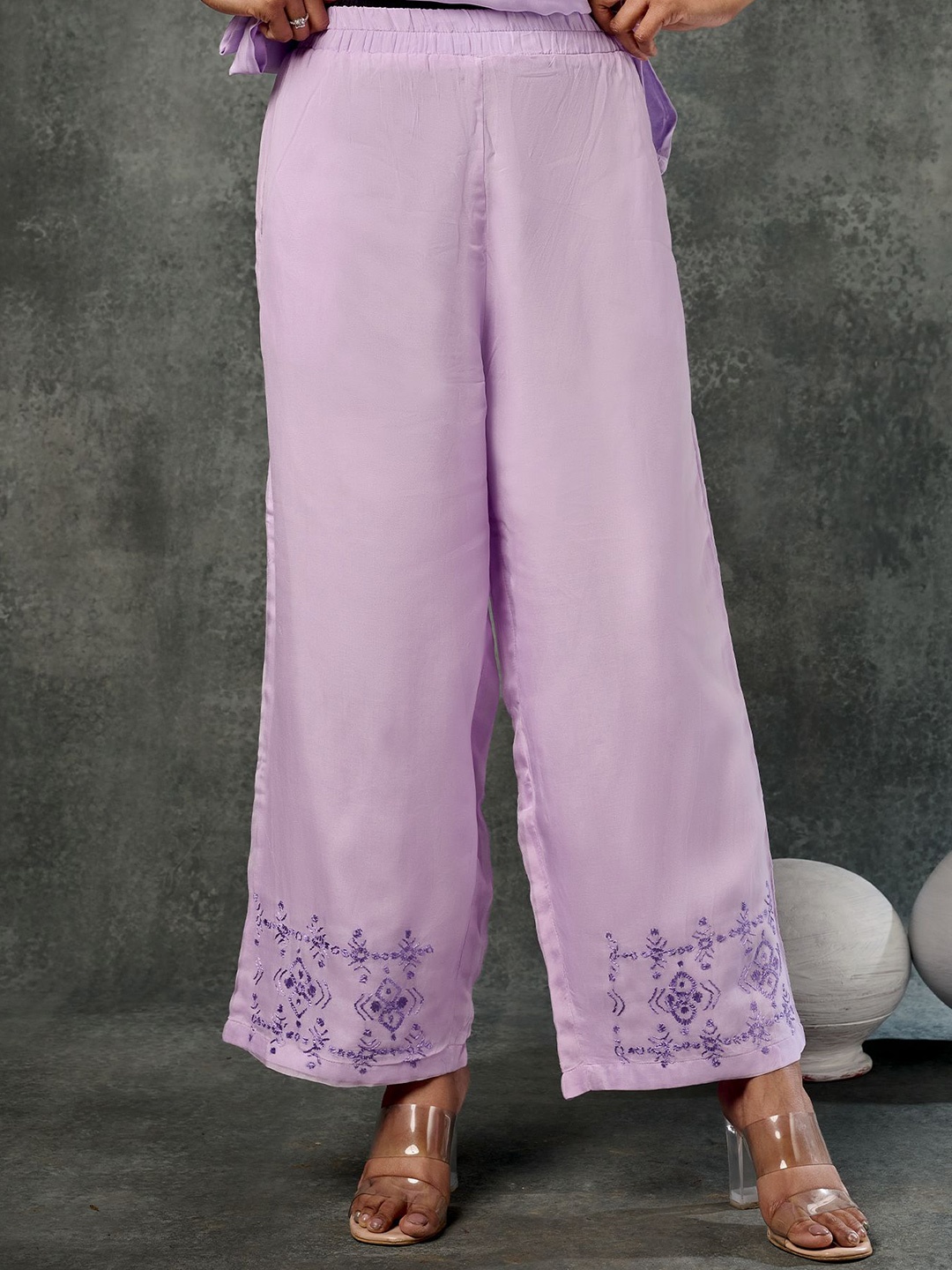 

Phulkari Forever Women Ethnic Motifs Embroidered Knitted Ethnic Palazzos, Lavender