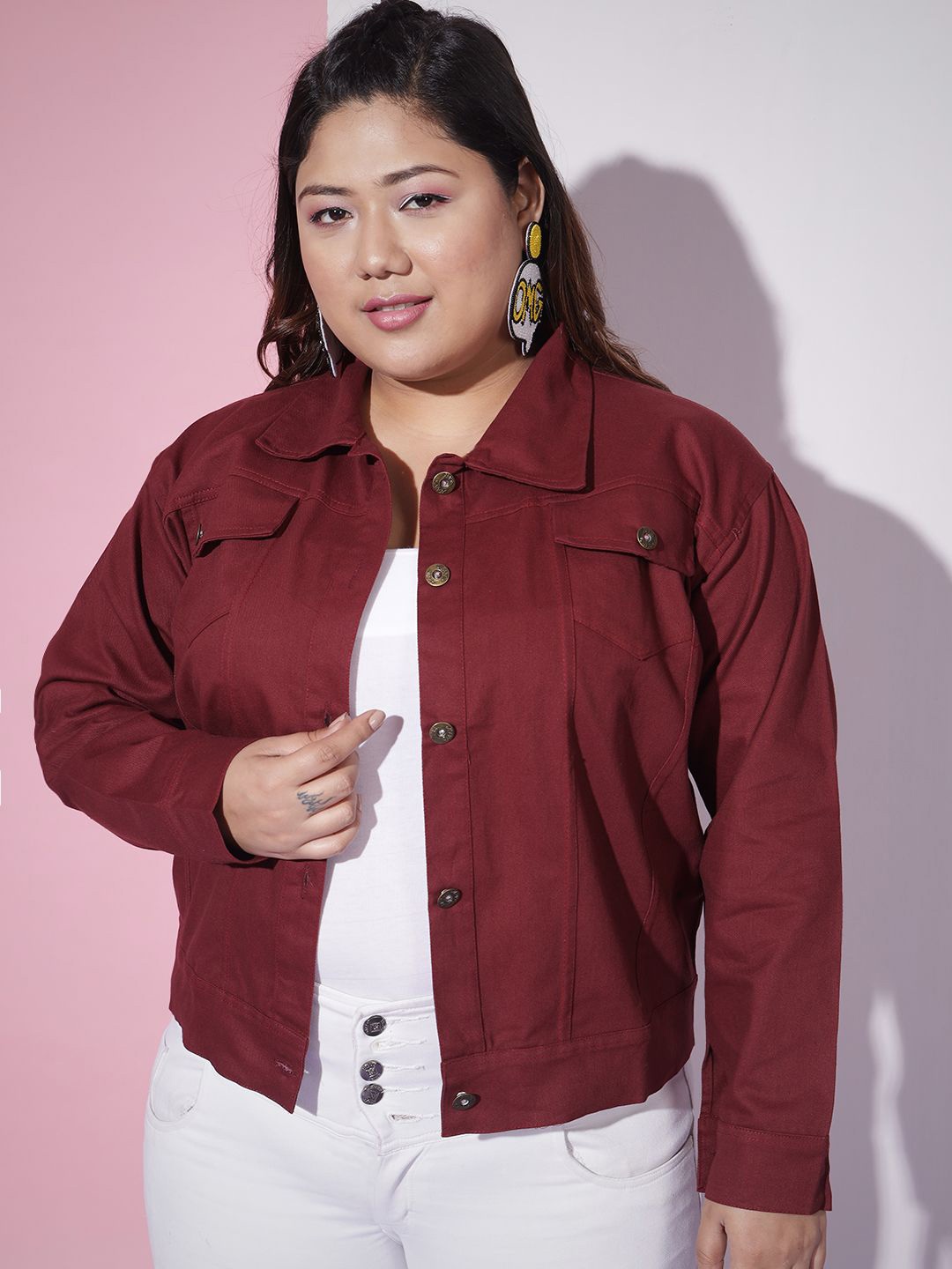 

DIMPY GARMENTS Women Lightweight Denim Jacket, Maroon