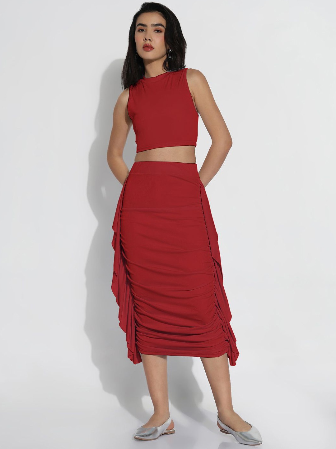 

SHOWOFF Round Neck Top With Skirt Co-Ords, Red