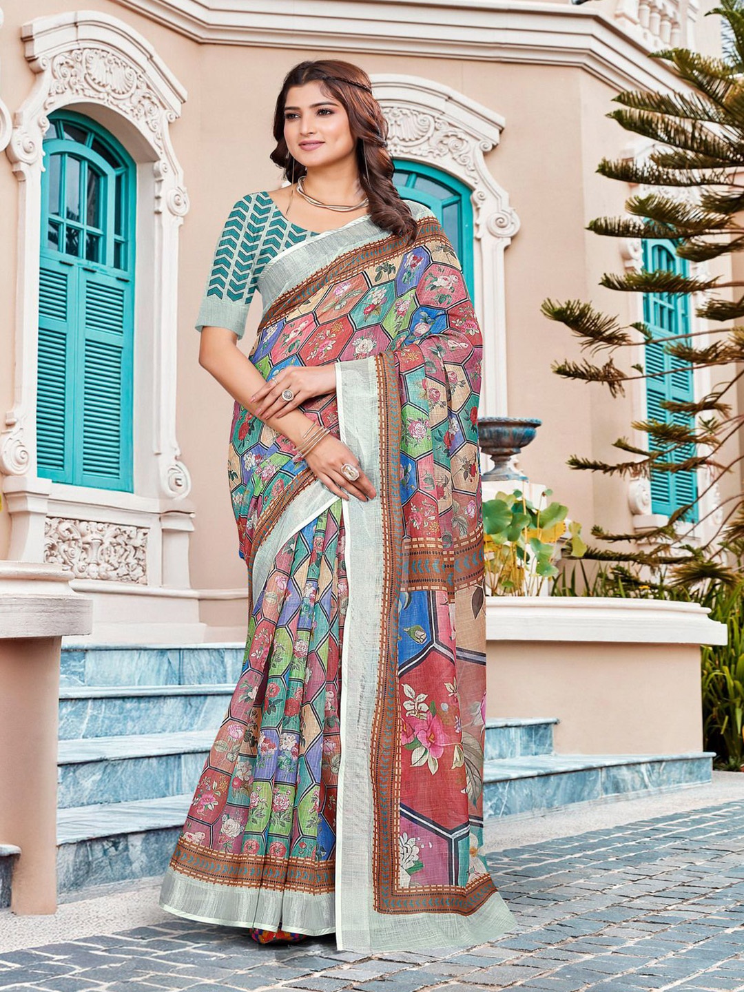 

TRENDING KART Floral Printed Zari Chanderi Saree, Green
