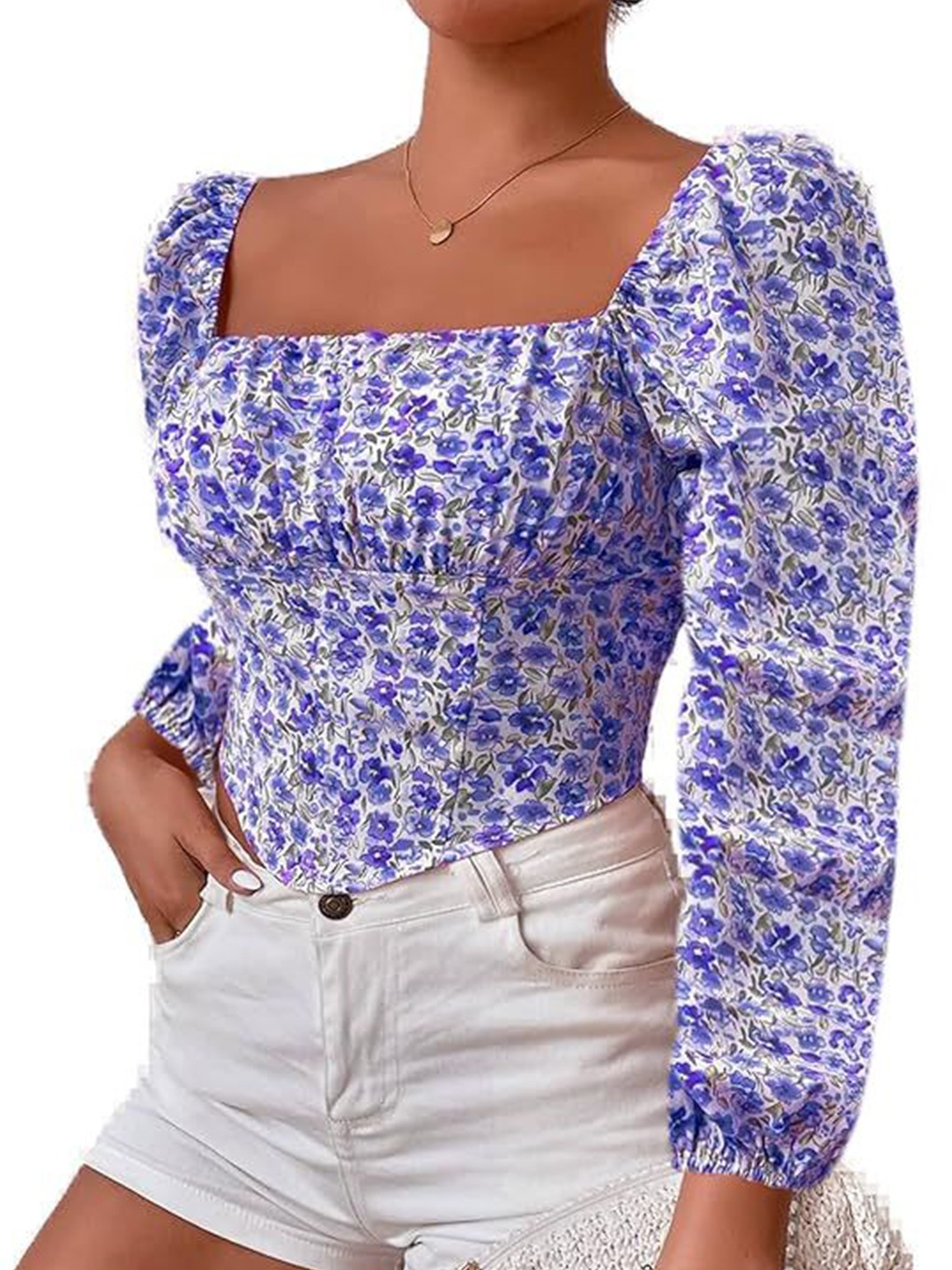 

Projas Floral Puff Sleeve Crop Top, Blue