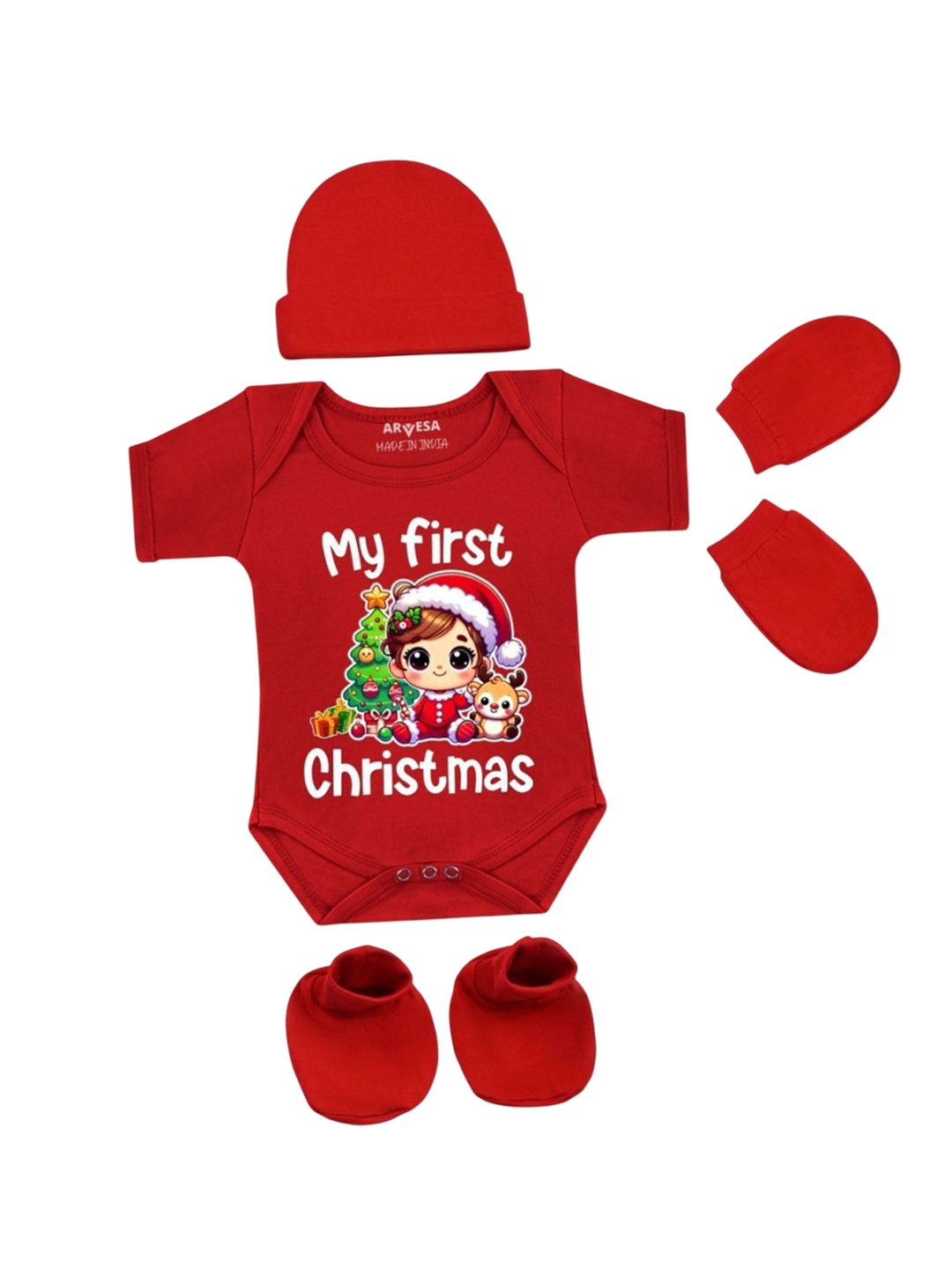 

Arvesa Infants My First Christmas Printed Bodysuit with Cap Booties Mitten, Red